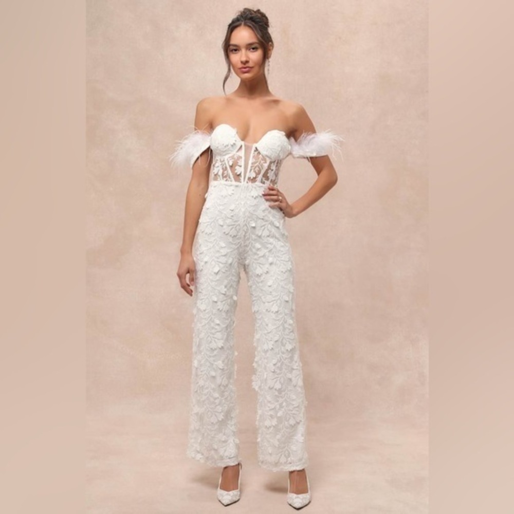 LULU’S MIDNIGHT SPARKLE MESH EMBROIDERED FEATHER BUSTIER JUMPSUIT